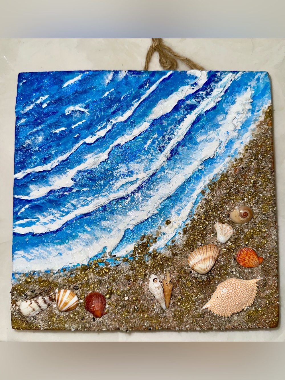 Handmade Ocean Wave Textured Wall Art Beach Sand Real Seashells Wood Sign